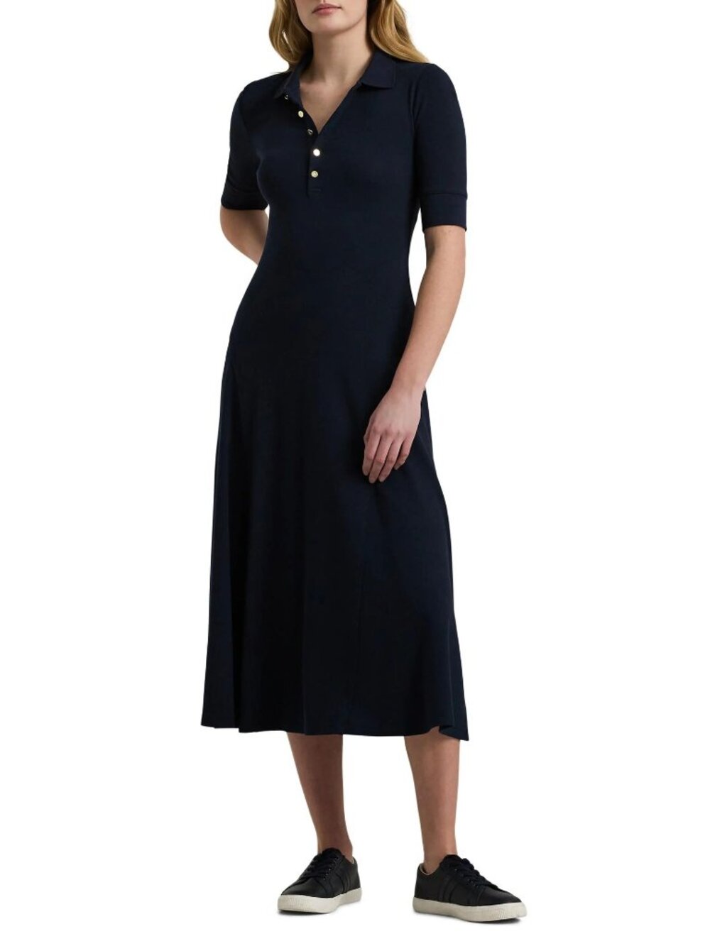 Lauren Ralph Lauren Lillianna Dress in Black Large Womens Midi Knit Ribbed Polo